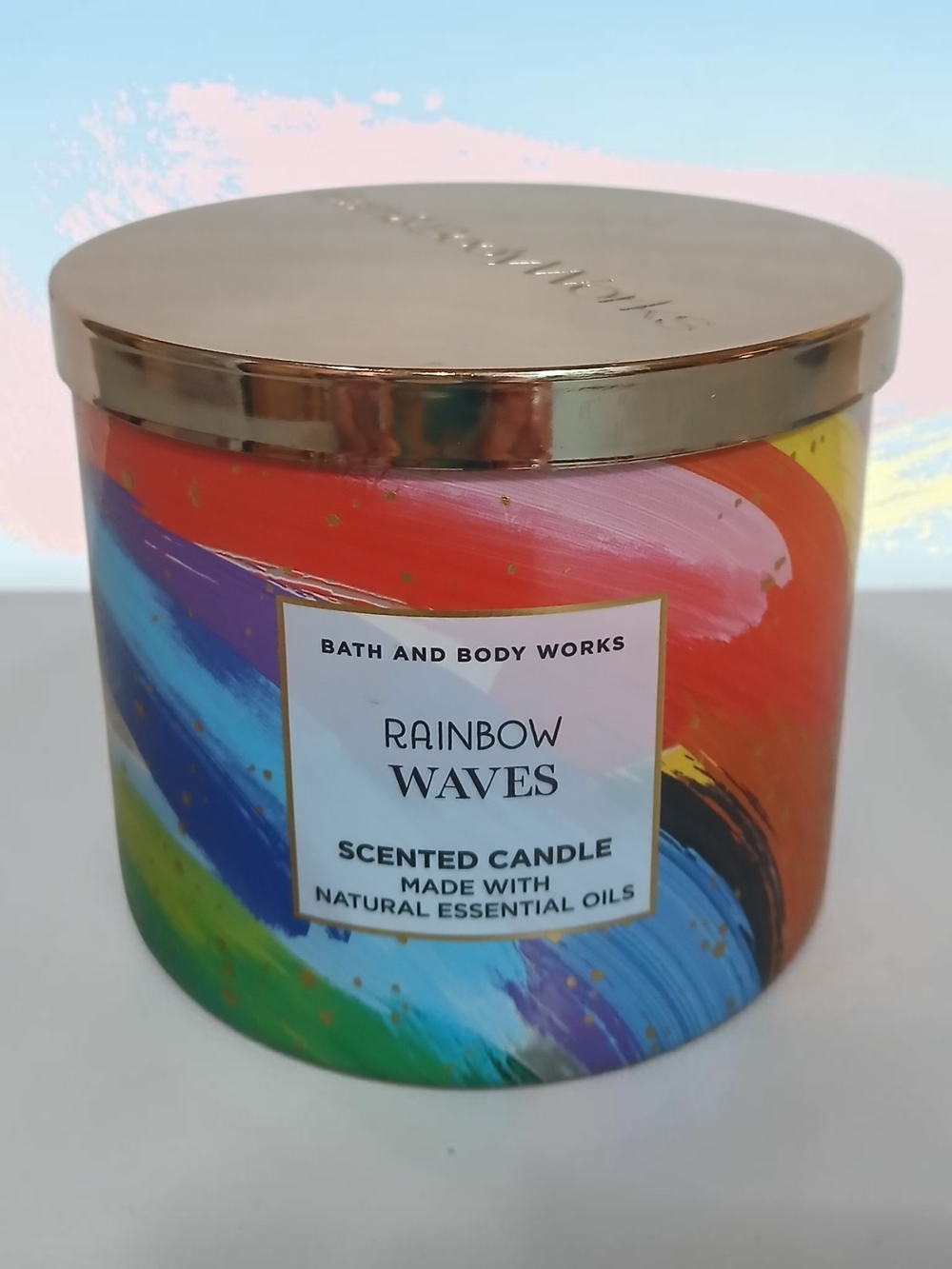 Bath & Body Works Rainbow Waves Scented Candle - Gold Lid with Multicolor Swirls